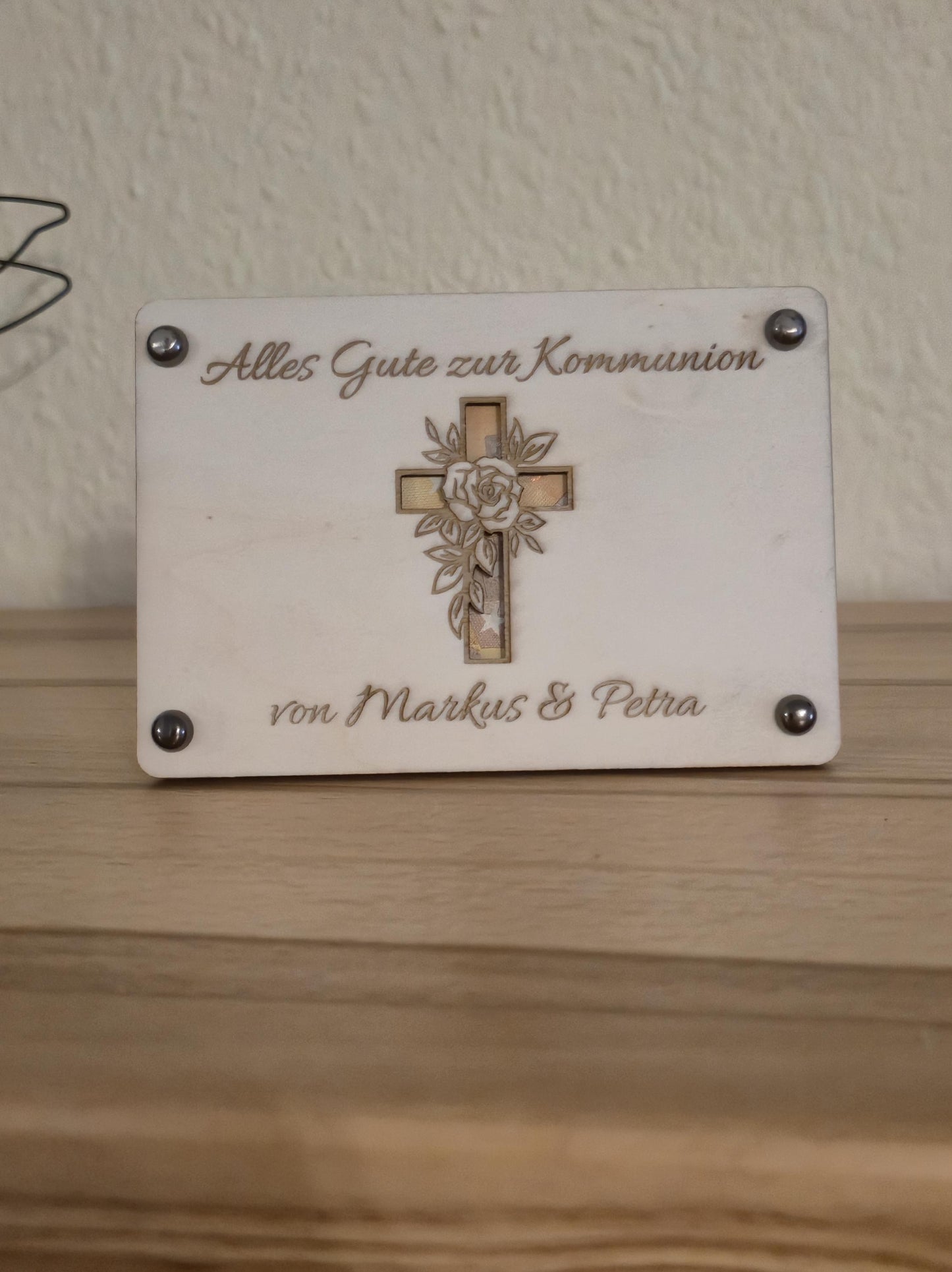 Geldgeschenk Kommunion Karte aus Holz Personalisiert | Geldgeschenk Verpackung | Kreuz & Rose | Geldverpackung mit Gravur