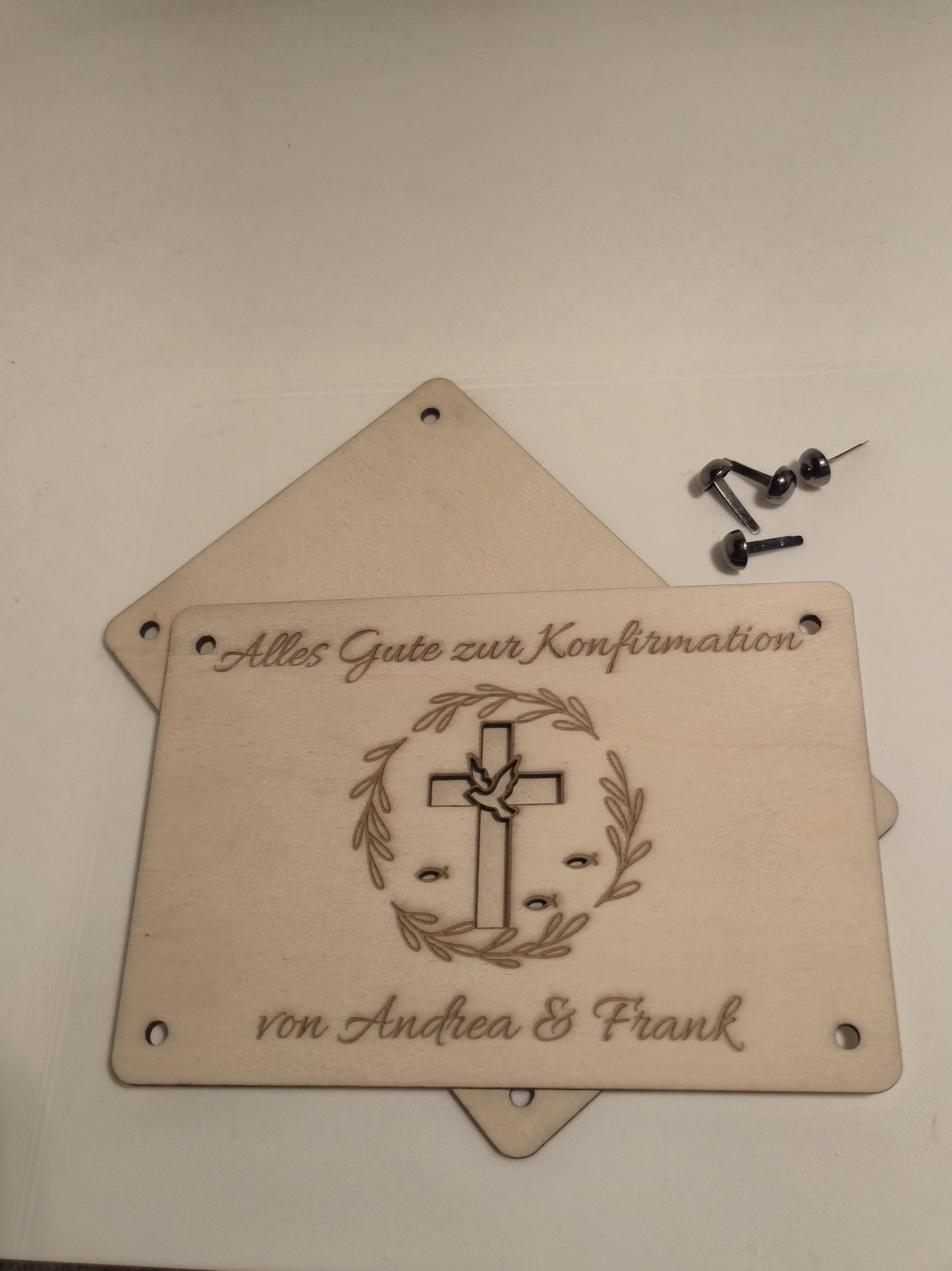 Konfirmation Geldgeschenk Holz Karte Personalisiert | Kreuz & Taube | Geldverpackung Gravur inkl. Klammern