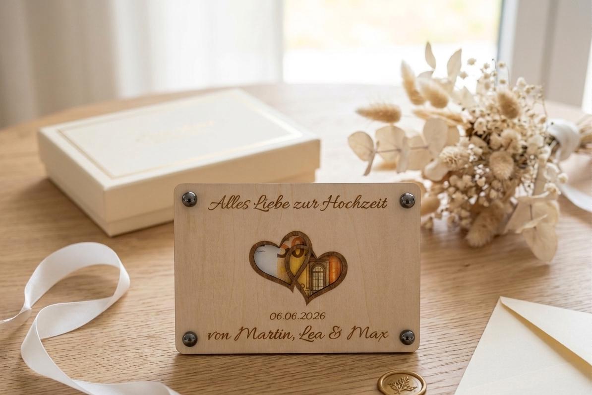 Geldgeschenk zur Hochzeit • Karte aus Holz Personalisiert | Geschenke für das Brautpaar • Herz Motiv
