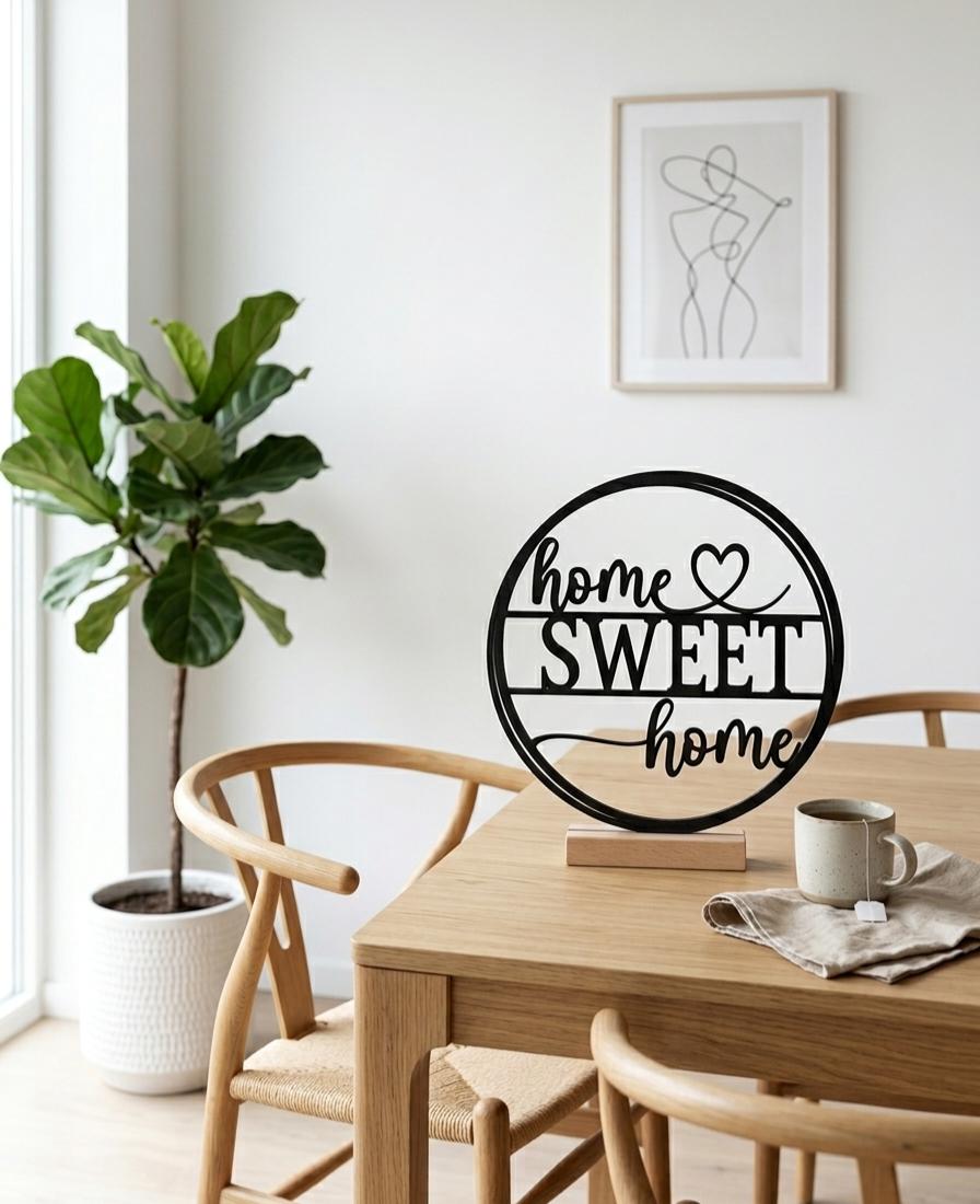 Home Sweet Home Aufsteller – Moderner Dekoring aus PLA auf Holzsockel – Geschenk zum Einzug, Hochzeit & Richtfest Minimalistische Tischdeko