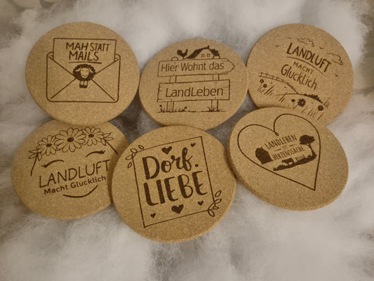 6er Set Kork Untersetzer - Motiv Landleben | Dorfleben | Dorfkind | Inklusive Ständer