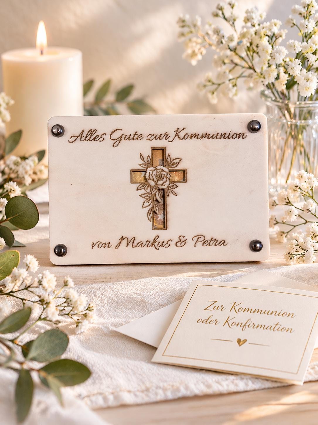 Personalisierte Geldgeschenk Karte zur Konfirmation, Kommunion oder Jugendweihe mit Kreuz und Gravur, modernes Geschenk für Jugendliche, hochwertige Holzkarte mit Wunschname