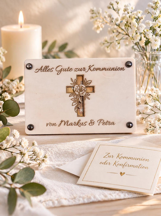 Personalisierte Geldgeschenk Karte zur Konfirmation, Kommunion oder Jugendweihe mit Kreuz und Gravur, modernes Geschenk für Jugendliche, hochwertige Holzkarte mit Wunschname
