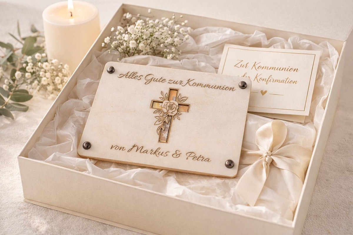 Hochwertiges Geschenk zur Konfirmation oder Kommunion mit individueller Gravur, Holzschild mit Kreuz, Blumen und Kerze