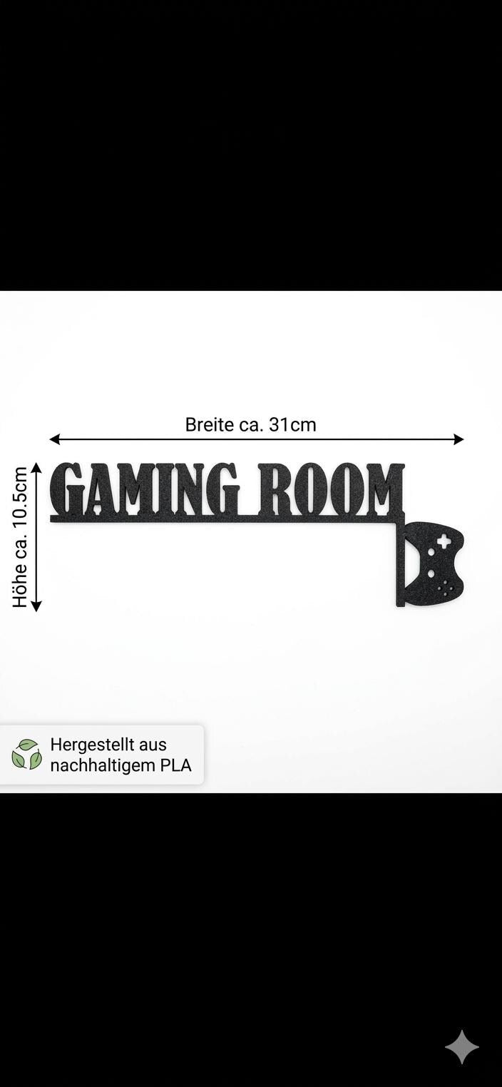 Gaming Room Türschild aus 3D Druck in Schwarz, dekorativer Door Topper für Gamer Zimmer, Kinderzimmer Deko mit Controller Design. Beschriftet mit den Maßen Höhe ca. 10,5cm Breite ca. 31cm