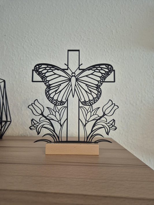 Deko Aufsteller mit christlichem Motiv - Line Art Aufsteller mit Kreuz und Blumen – Hoffnung Auferstehung Symbol –Erinnerung Trauer Hoffnung