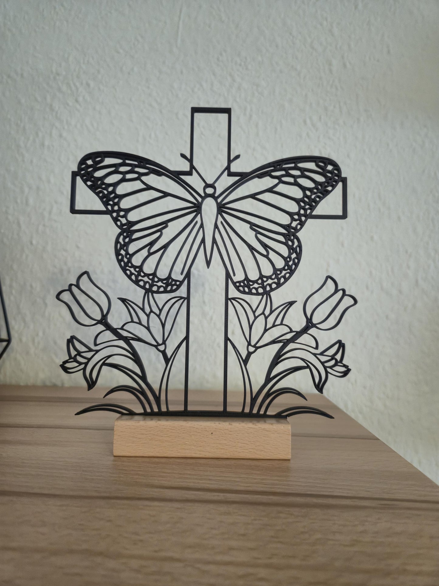 Deko Aufsteller mit christlichem Motiv - Line Art Aufsteller mit Kreuz und Blumen – Hoffnung Auferstehung Symbol –Erinnerung Trauer Hoffnung
