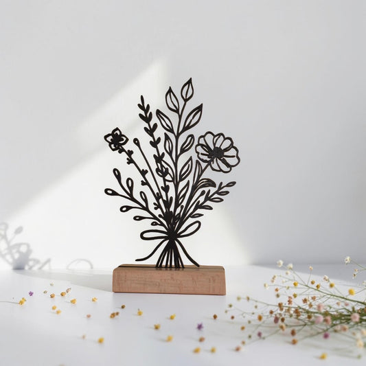 Line Art Blumenstrauß mit Schleife, moderne Dekoration Frühlingsblumen, Wohnzimmer Dekoration Tischdeko Ostern Wildblumen