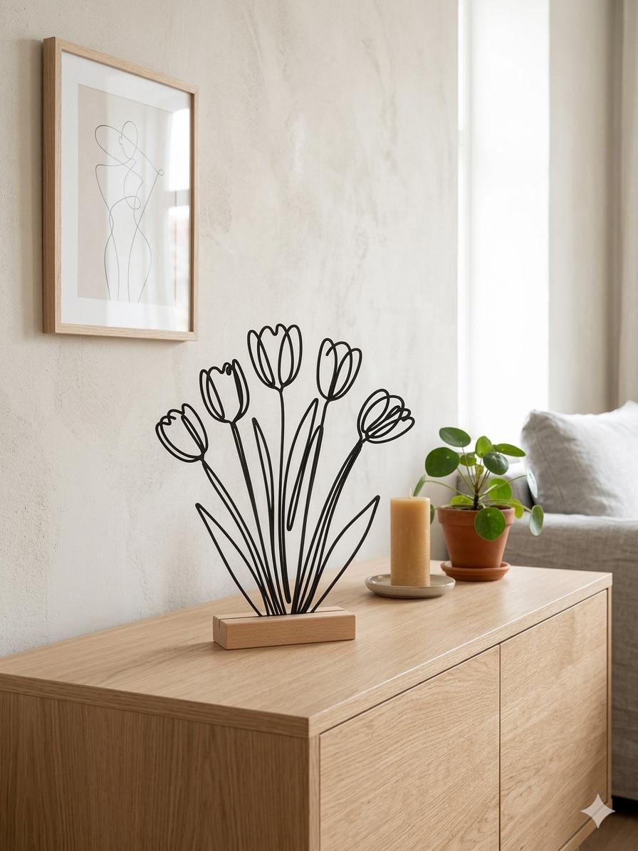 Line Art Tulpenstrauß, moderne Dekoration Frühlingsblumen, Wohnzimmer Dekoration Tischdeko Ostern