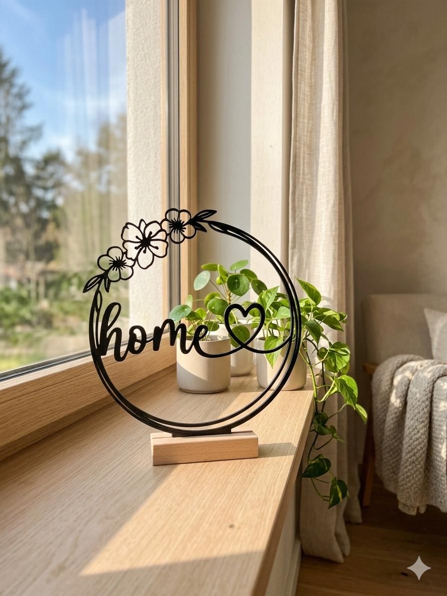 Deko Aufsteller Home mit Herz & Blumen | Moderne Wohn Deko | Geschenk für Einzug | Minimalistische Tischdeko | Home Decor