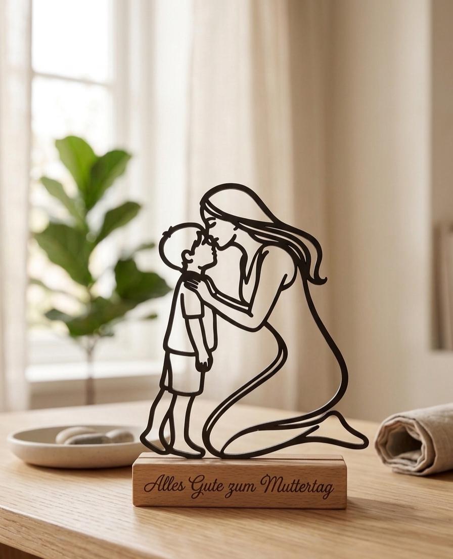 Geschenk zum Muttertag• Personalisierbarer Deko Aufsteller für Mama • Line Art Mutter mit Sohn – Muttertag Geschenk aus Holz