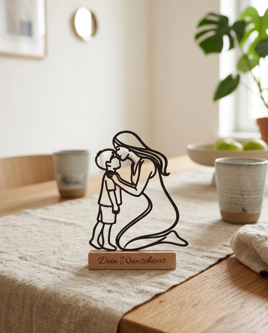 Geschenk zum Muttertag• Personalisierbarer Deko Aufsteller für Mama • Line Art Mutter mit Sohn – Muttertag Geschenk aus Holz