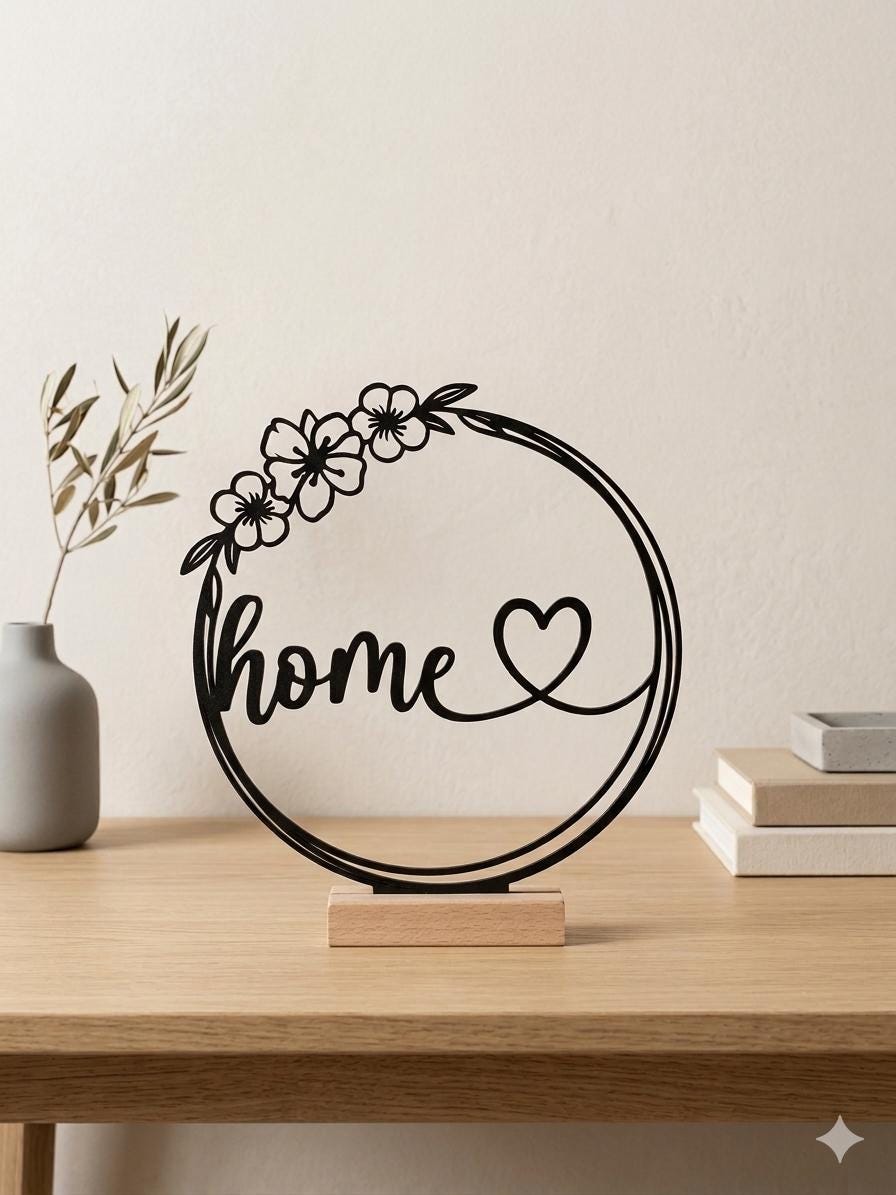 Deko Aufsteller Home mit Herz & Blumen | Moderne Wohn Deko | Geschenk für Einzug | Minimalistische Tischdeko | Home Decor
