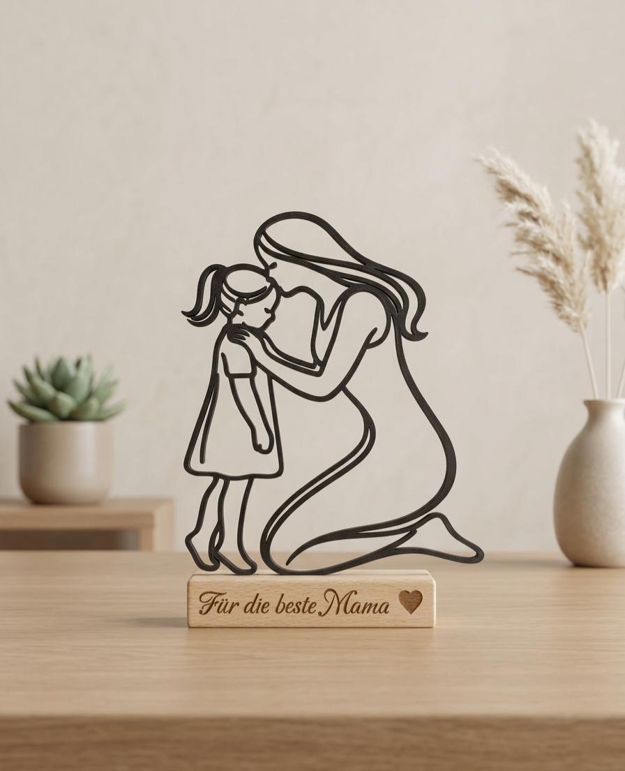 Personalisierbarer Deko Aufsteller für Mama – Geschenk zum Muttertag – Line Art Mutter mit Tochter – Liebevolle Tischdeko aus PLA