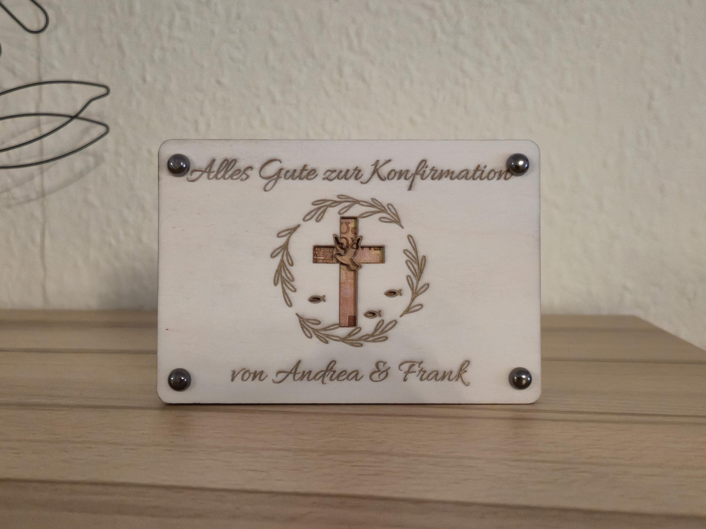 Konfirmation Geldgeschenk Holz Karte Personalisiert  | Kreuz & Taube | Geldverpackung Gravur inkl. Klammern