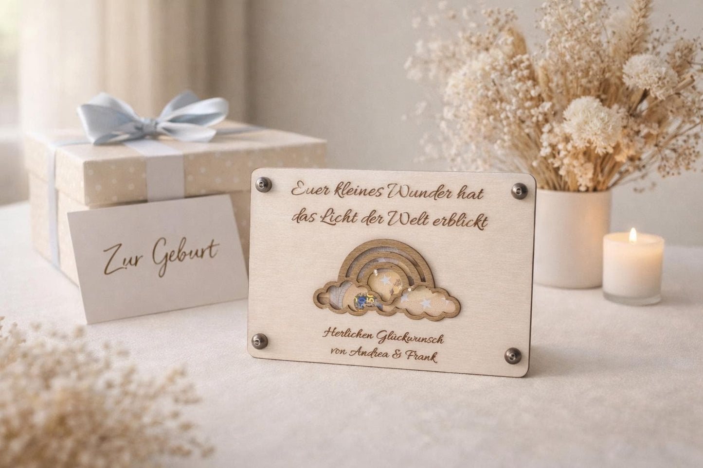 Geldgeschenk Geburt Personalisiert | Baby Holzkarte Regenbogen | Geschenk zur Geburt & Babyparty | Geldverpackung Gravur inkl. Klammern