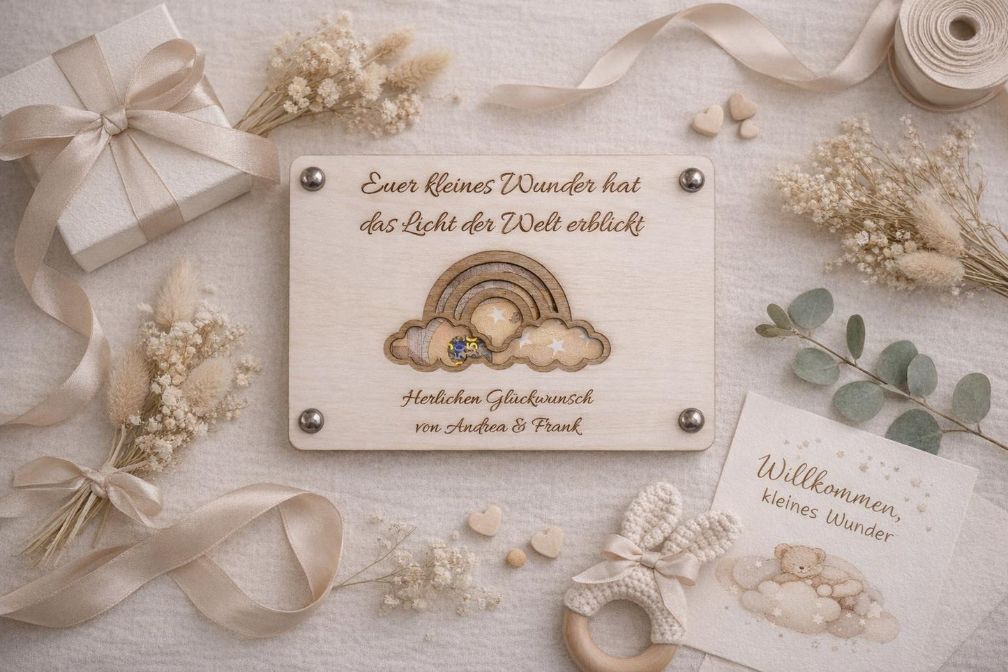 Geldgeschenk Geburt Personalisiert | Baby Holzkarte Regenbogen | Geschenk zur Geburt & Babyparty | Geldverpackung Gravur inkl. Klammern