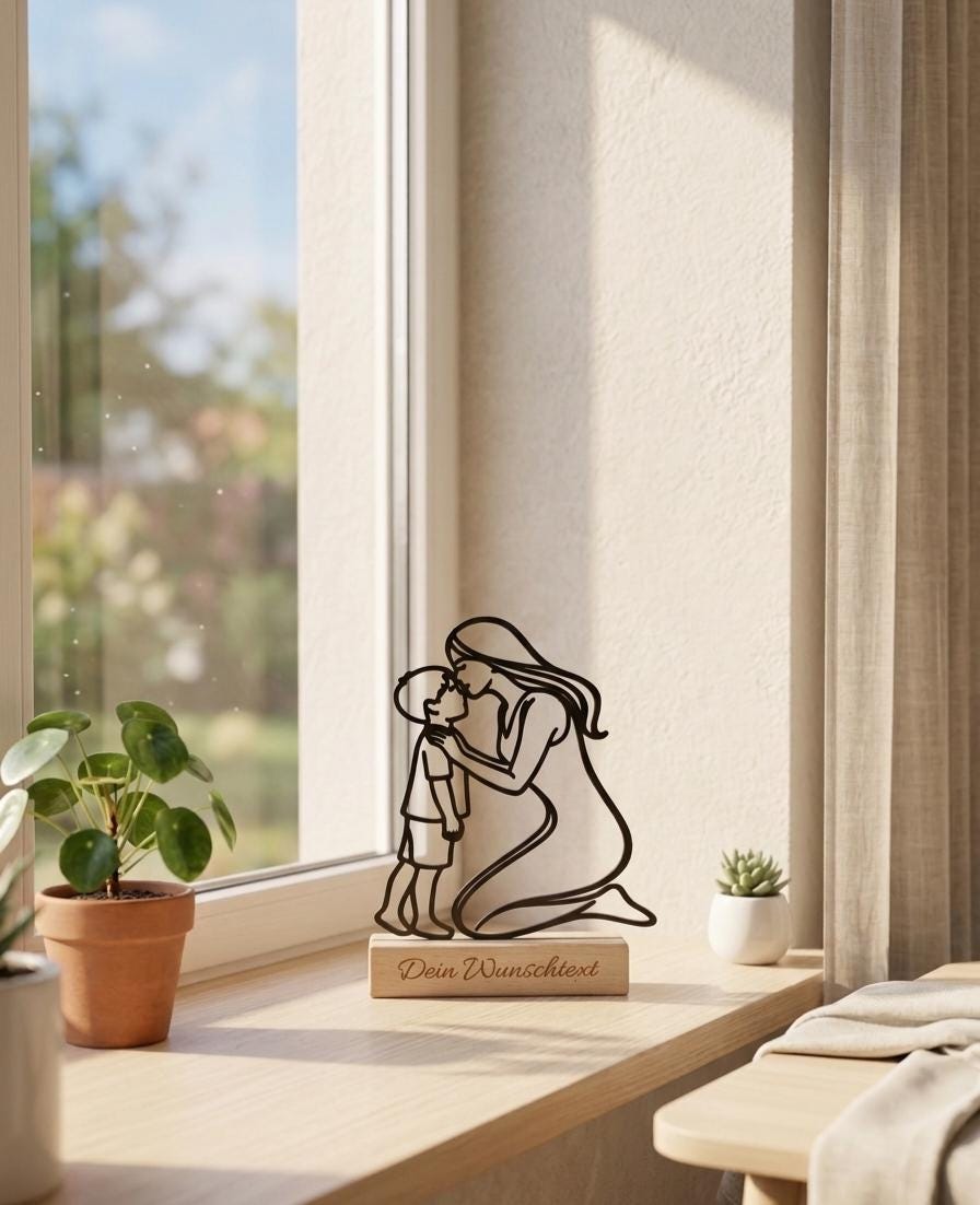 Geschenk zum Muttertag• Personalisierbarer Deko Aufsteller für Mama • Line Art Mutter mit Sohn – Muttertag Geschenk aus Holz