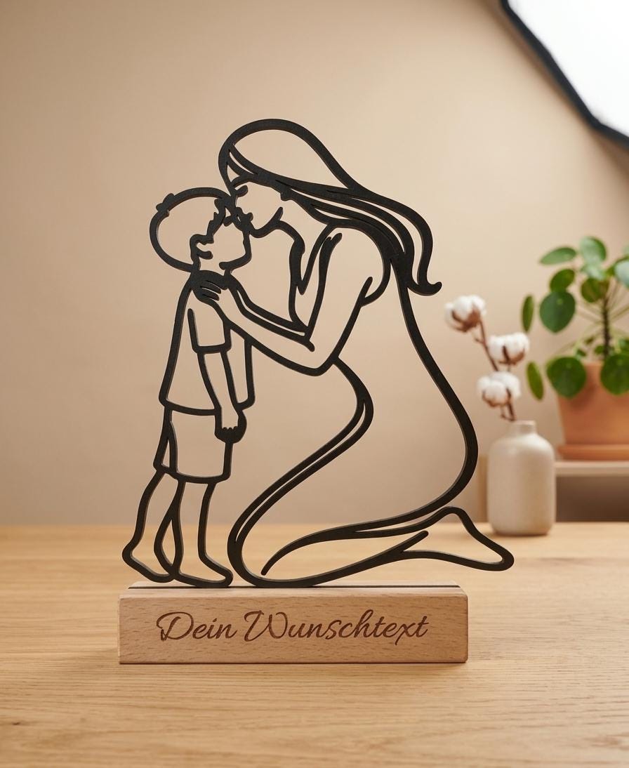 Geschenk zum Muttertag• Personalisierbarer Deko Aufsteller für Mama • Line Art Mutter mit Sohn – Muttertag Geschenk aus Holz