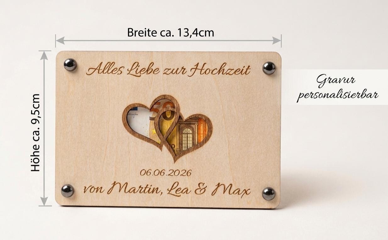 Geldgeschenk zur Hochzeit • Karte aus Holz Personalisiert | Geschenke für das Brautpaar • Herz Motiv
