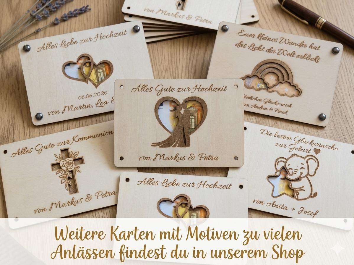Geldgeschenk zur Hochzeit • Karte aus Holz Personalisiert | Geschenke für das Brautpaar • Herz Motiv