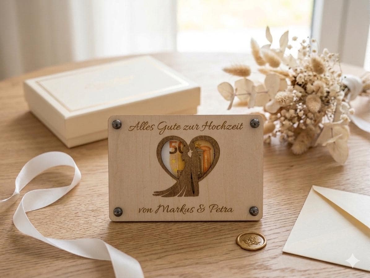 Geldgeschenk zur Hochzeit • Karte aus Holz Personalisiert | Geschenke für das Brautpaar • Motiv Brautpaar