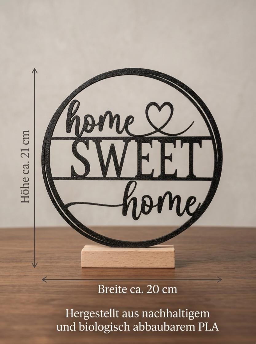 Home Sweet Home Aufsteller – Moderner Dekoring aus PLA auf Holzsockel – Geschenk zum Einzug, Hochzeit & Richtfest  Minimalistische Tischdeko