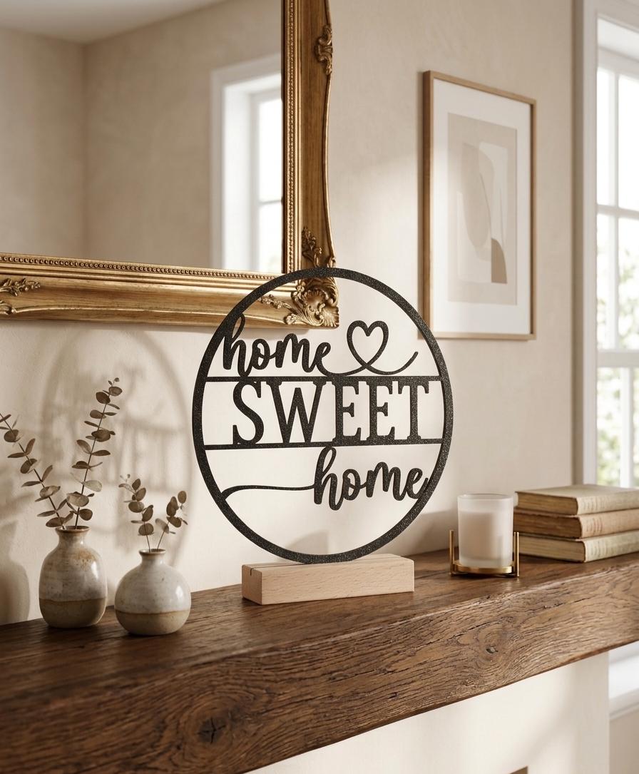 Home Sweet Home Aufsteller – Moderner Dekoring aus PLA auf Holzsockel – Geschenk zum Einzug, Hochzeit & Richtfest  Minimalistische Tischdeko