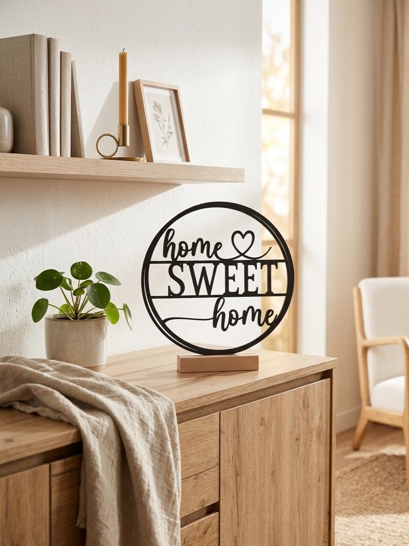 Home Sweet Home Aufsteller – Moderner Dekoring aus PLA auf Holzsockel – Geschenk zum Einzug, Hochzeit & Richtfest  Minimalistische Tischdeko