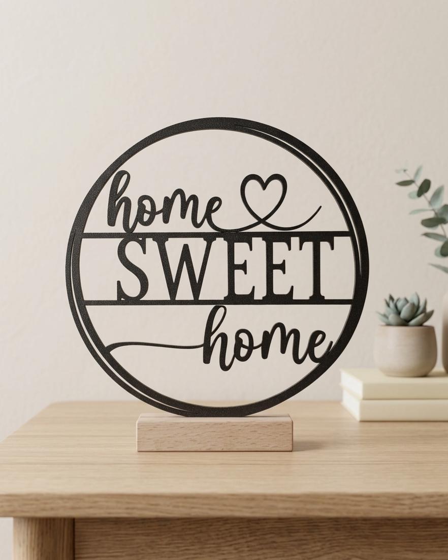 Home Sweet Home Aufsteller – Moderner Dekoring aus PLA auf Holzsockel – Geschenk zum Einzug, Hochzeit & Richtfest  Minimalistische Tischdeko