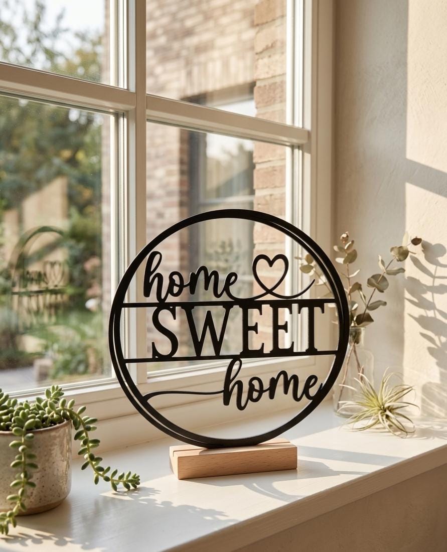 Home Sweet Home Aufsteller – Moderner Dekoring aus PLA auf Holzsockel – Geschenk zum Einzug, Hochzeit & Richtfest  Minimalistische Tischdeko