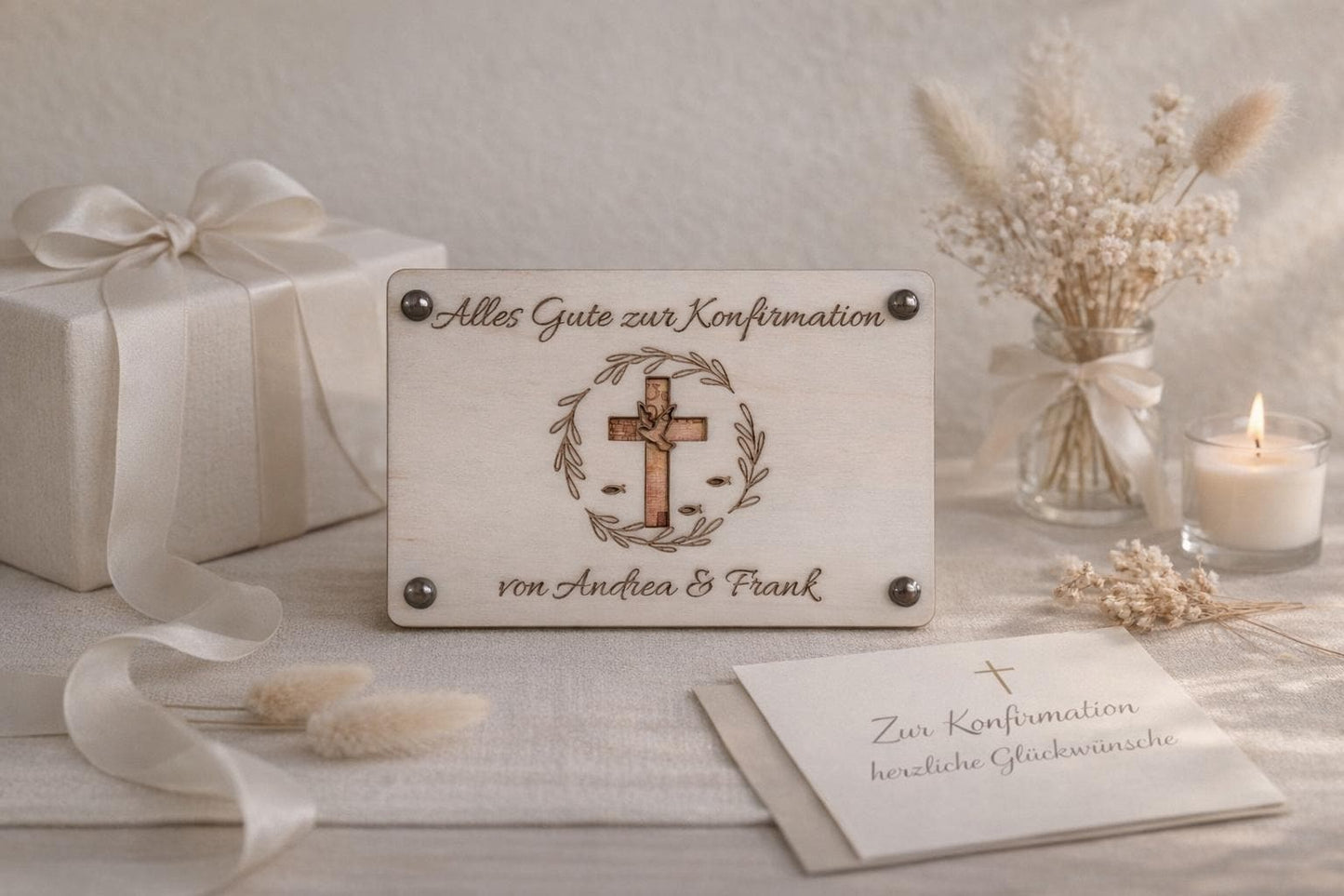 Konfirmation Geldgeschenk Holz Karte Personalisiert  | Kreuz & Taube | Geldverpackung Gravur inkl. Klammern