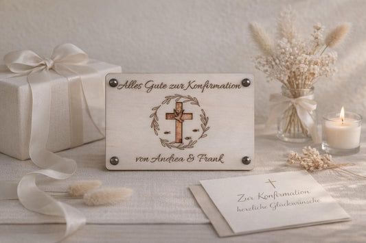 Konfirmation Geldgeschenk Holz Karte Personalisiert  | Kreuz & Taube | Geldverpackung Gravur inkl. Klammern