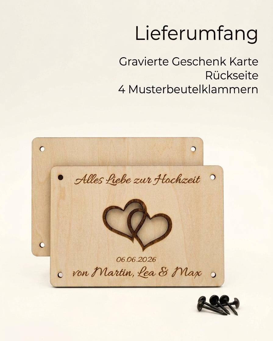 Geldgeschenk zur Hochzeit • Karte aus Holz Personalisiert | Geschenke für das Brautpaar • Herz Motiv