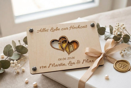 Geldgeschenk zur Hochzeit • Karte aus Holz Personalisiert | Geschenke für das Brautpaar • Herz Motiv