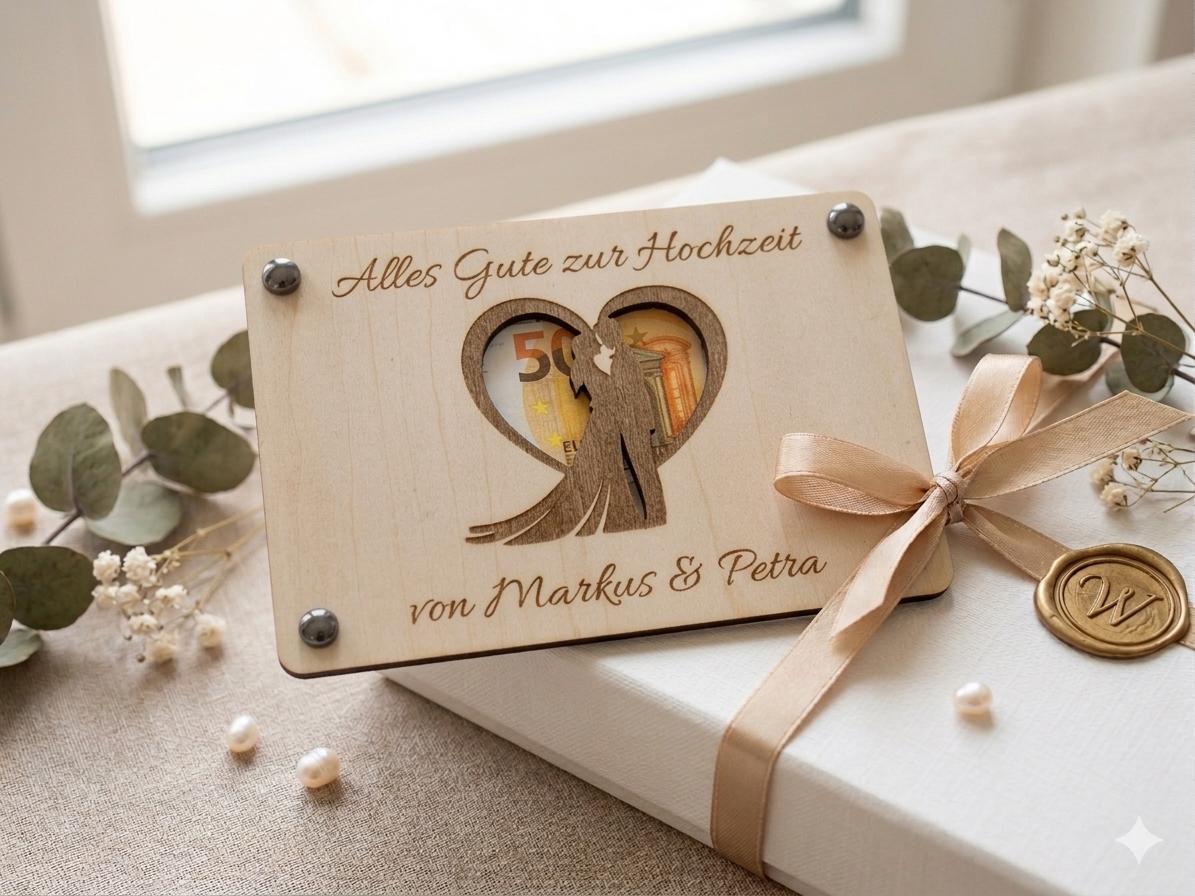 Geldgeschenk zur Hochzeit • Karte aus Holz Personalisiert | Geschenke für das Brautpaar • Motiv Brautpaar