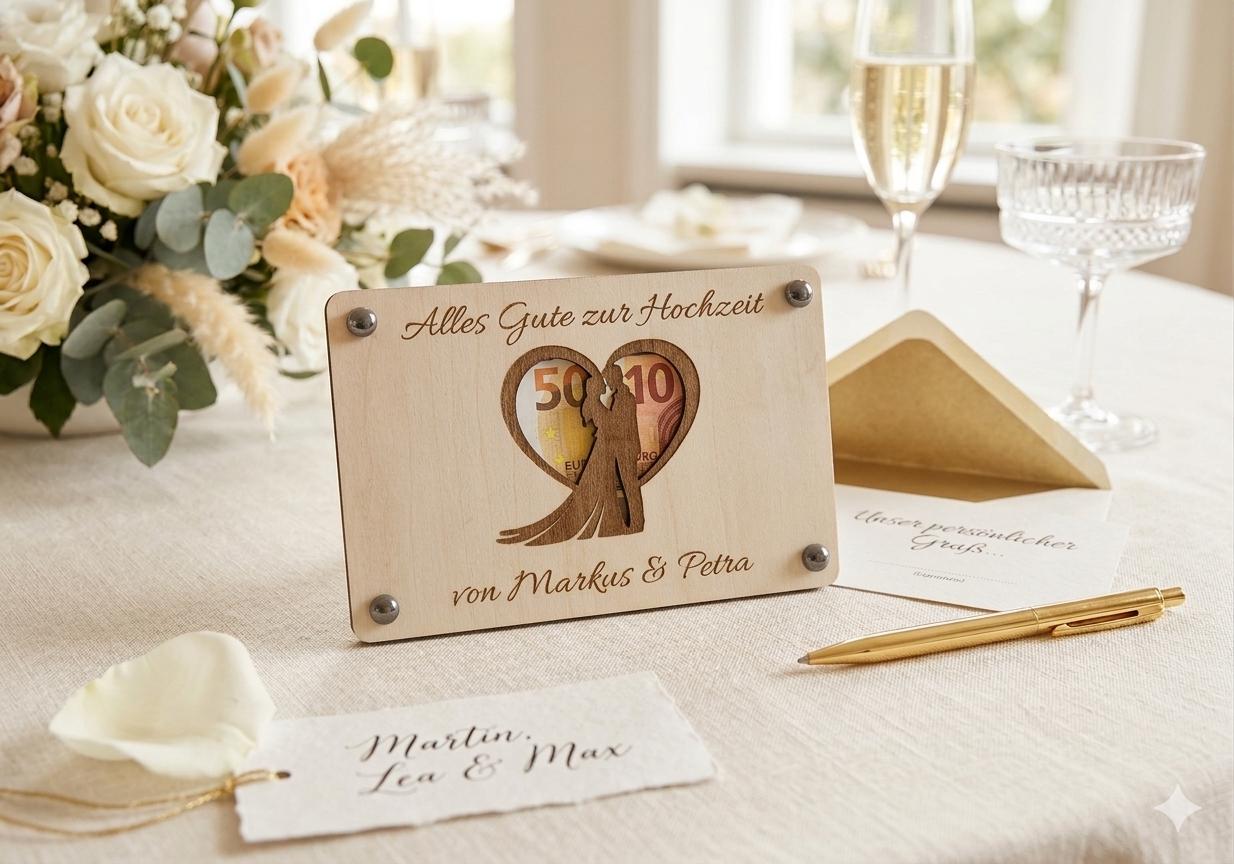 Geldgeschenk zur Hochzeit • Karte aus Holz Personalisiert | Geschenke für das Brautpaar • Motiv Brautpaar