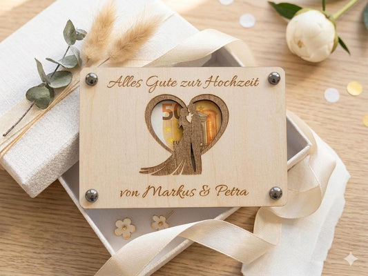 Geldgeschenk zur Hochzeit • Karte aus Holz Personalisiert | Geschenke für das Brautpaar • Motiv Brautpaar