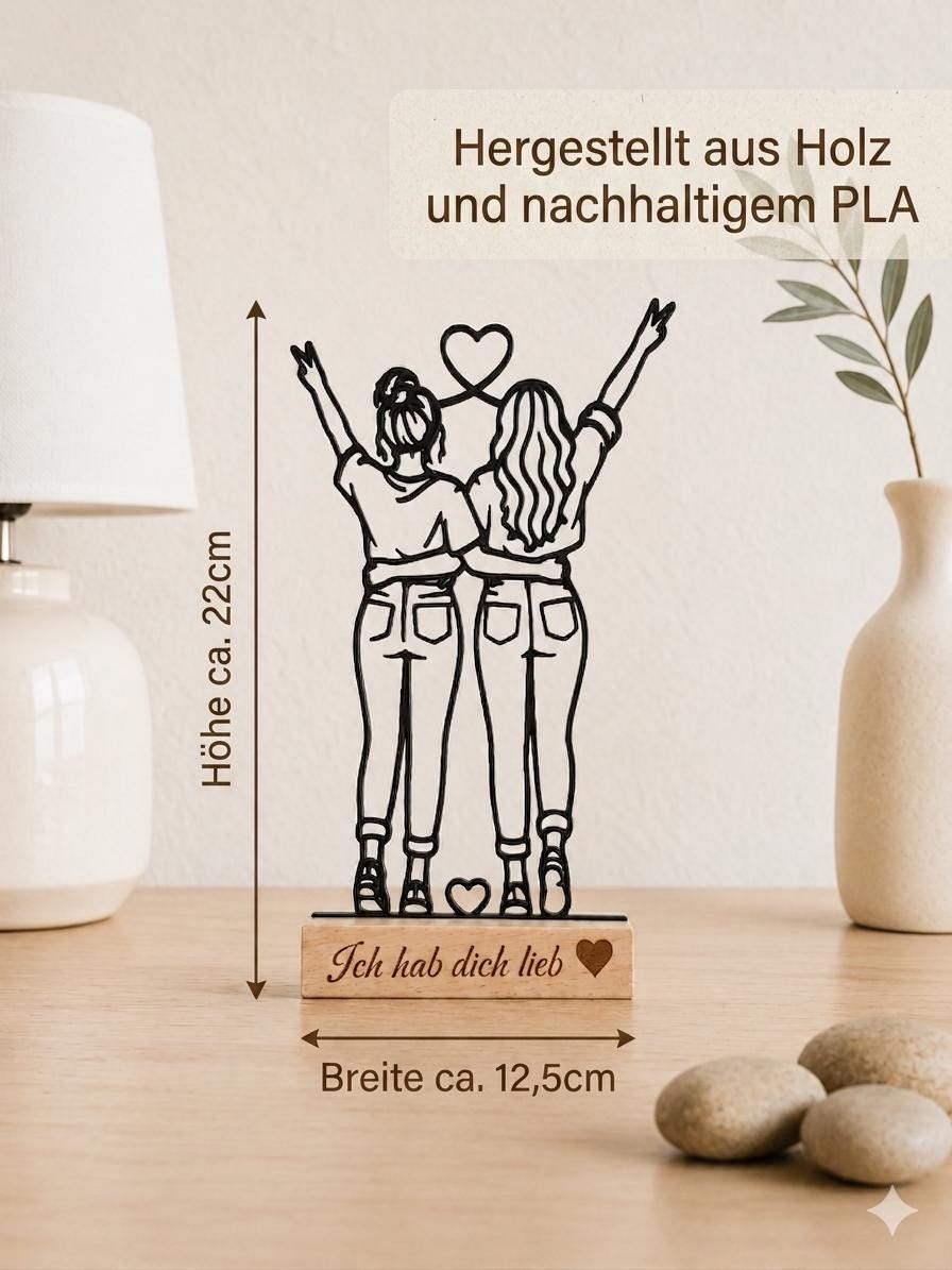 Geschenk beste Freundin | personalisierter Deko Aufsteller Ich hab dich Lieb - Line Art Aufsteller aus Holz & 3D Druck