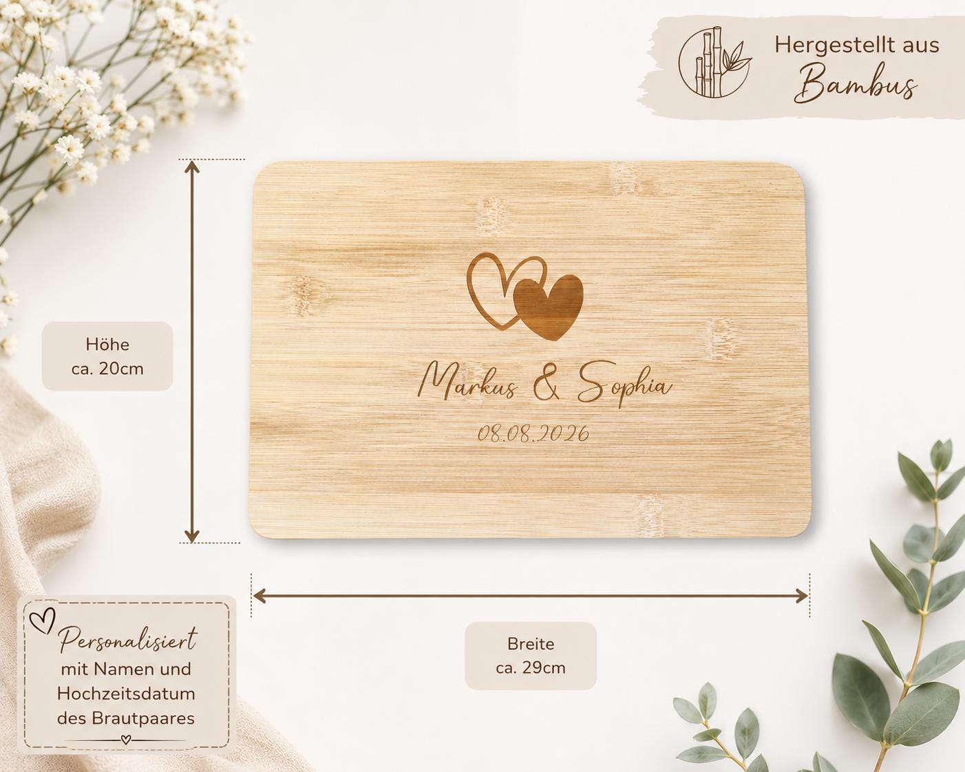 Hochzeit Schneidebrett • personalisiertes Bambus Schneidebrett mit Namen und Hochzeitstag