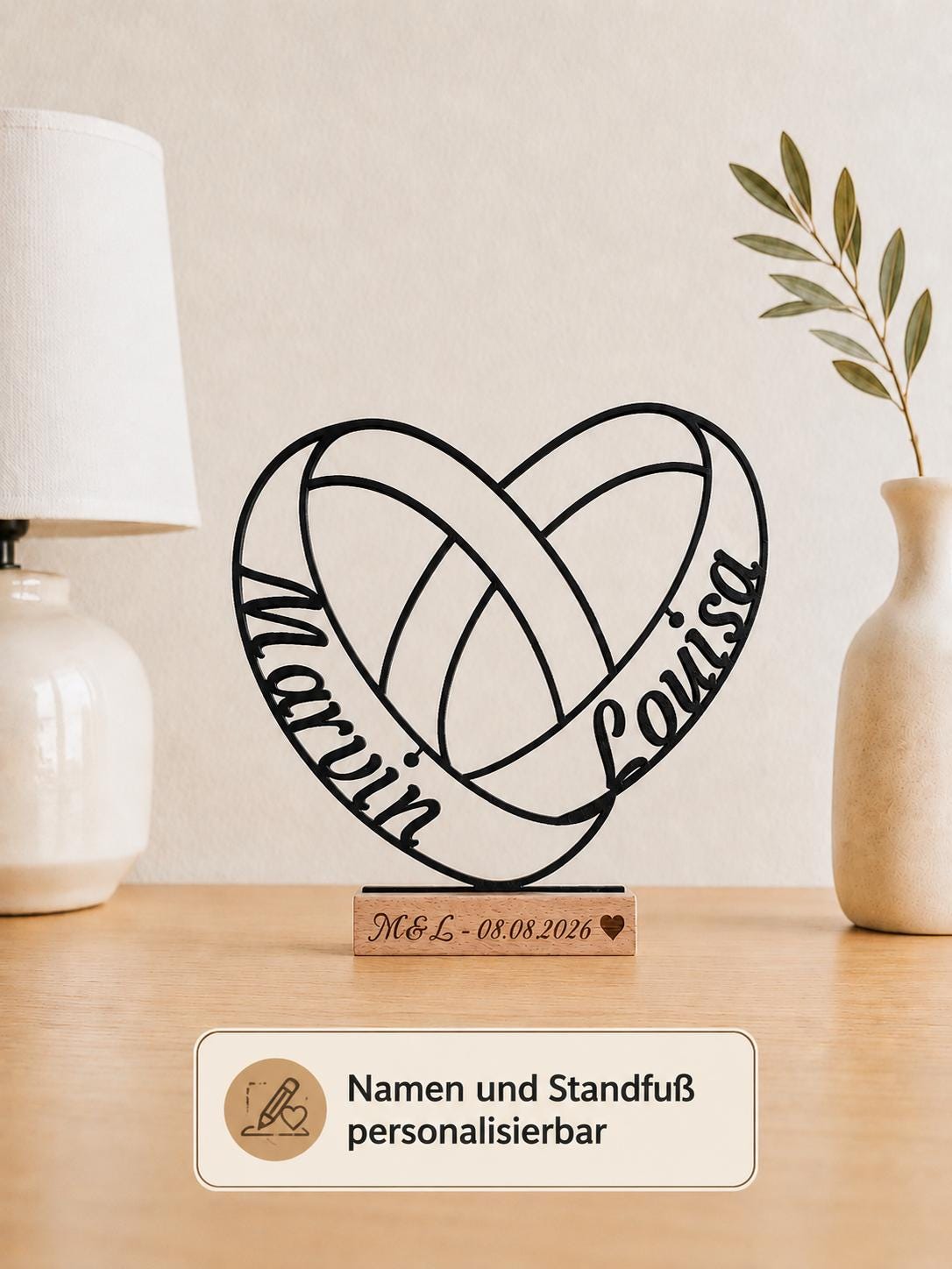 Geschenk zur Hochzeit Deko Aufsteller Herz aus Ringen • personalisierbar mit Namen und Hochzeitsdatum • Gratis Versand