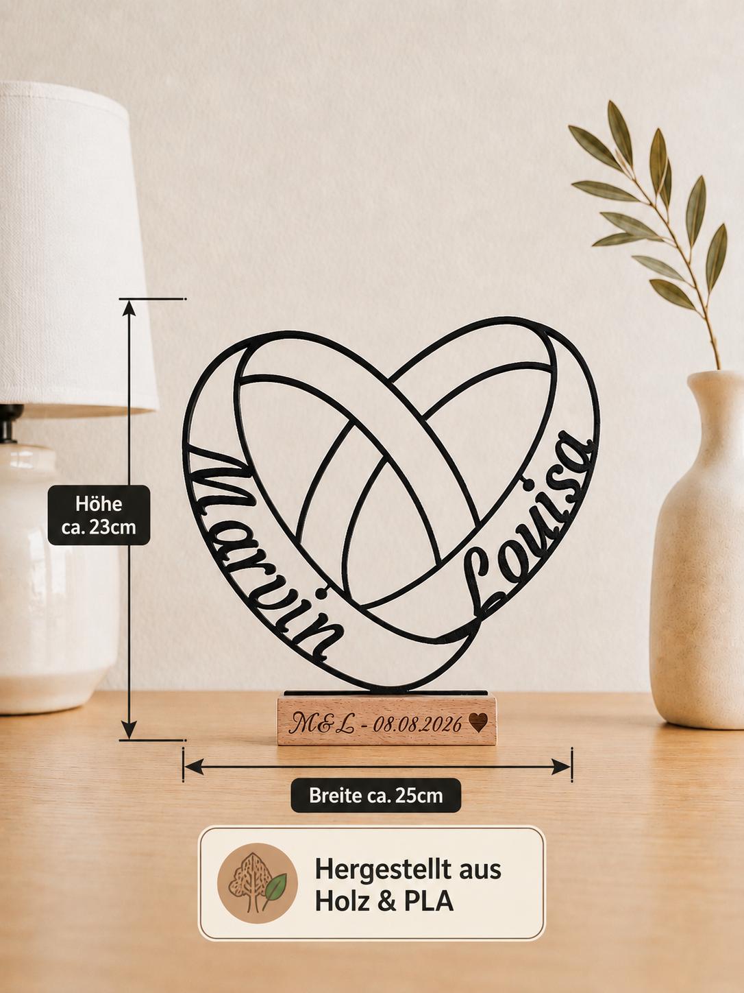 Geschenk zur Hochzeit Deko Aufsteller Herz aus Ringen • personalisierbar mit Namen und Hochzeitsdatum • Gratis Versand