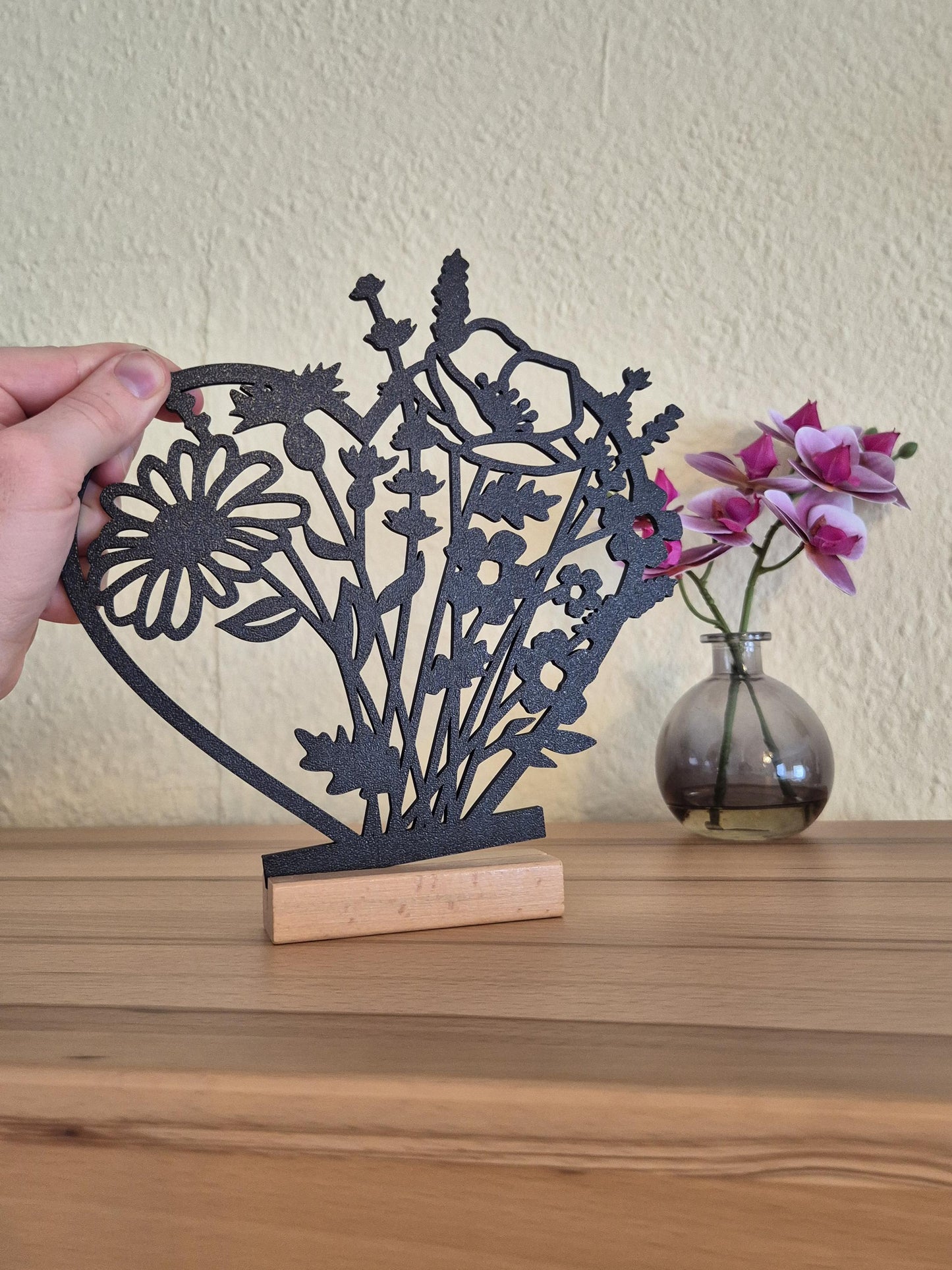 Blumen Aufsteller Wildblumen Herz | Geschenk für Blumenliebhaber |minimalistische Wohnzimmerdeko | Fensterbank Deko