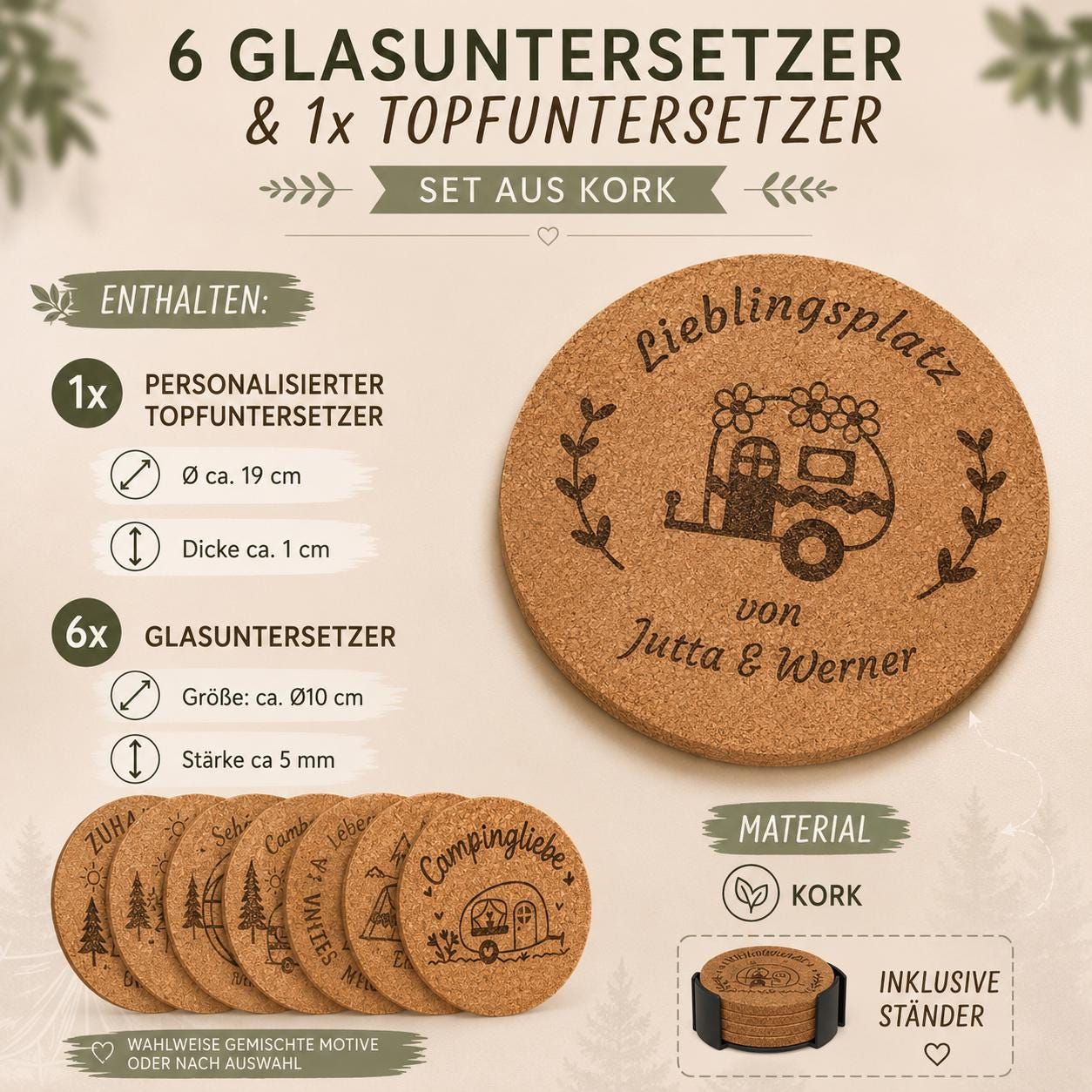 Camping Geschenk Set • Personaliertes Untersetzer Set mit Camper Motiv • 1x Topfuntersetzer 6x Untersetzer 100mm mit Ständer
