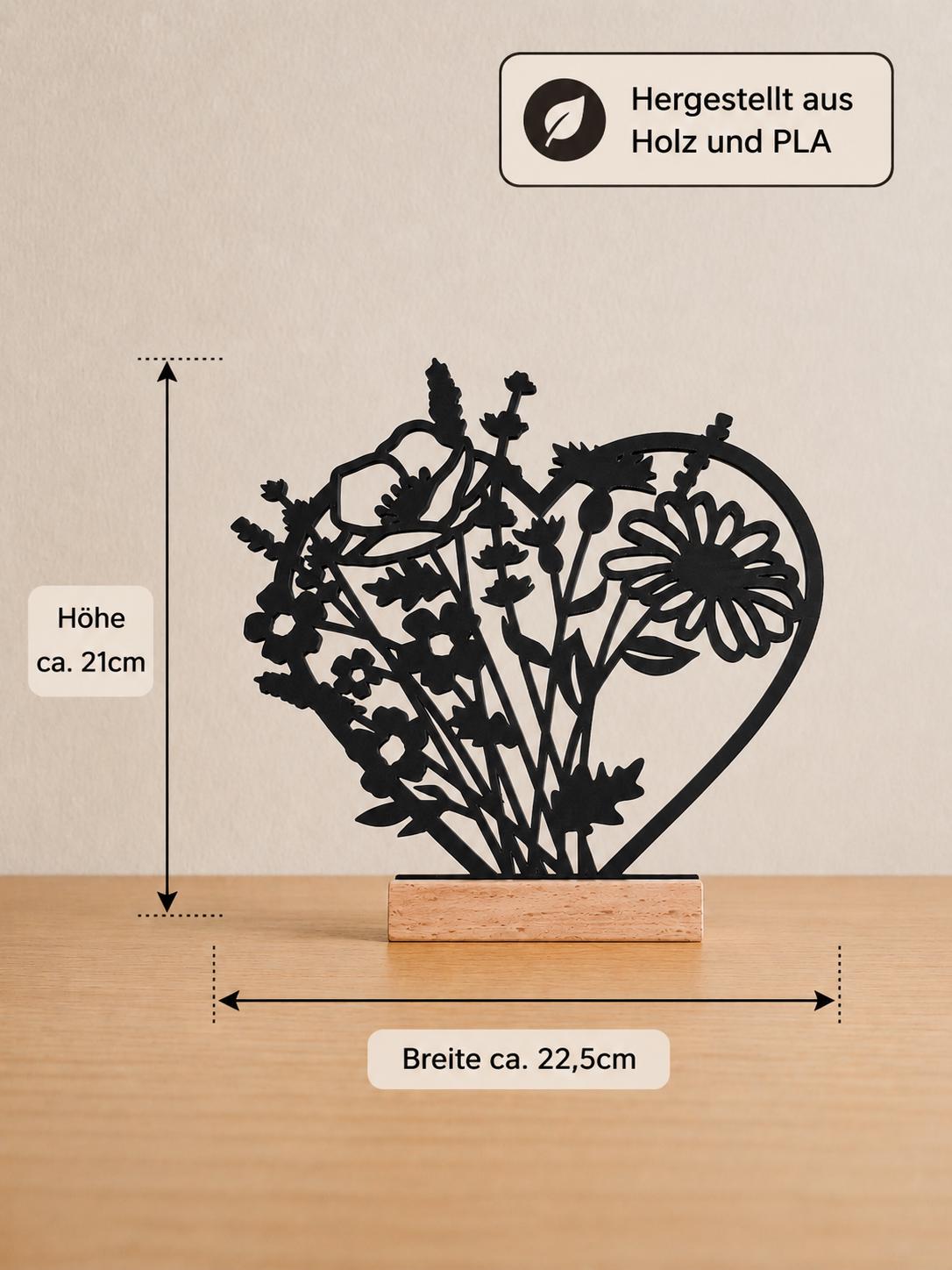 Blumen Aufsteller Wildblumen Herz | Geschenk für Blumenliebhaber |minimalistische Wohnzimmerdeko | Fensterbank Deko
