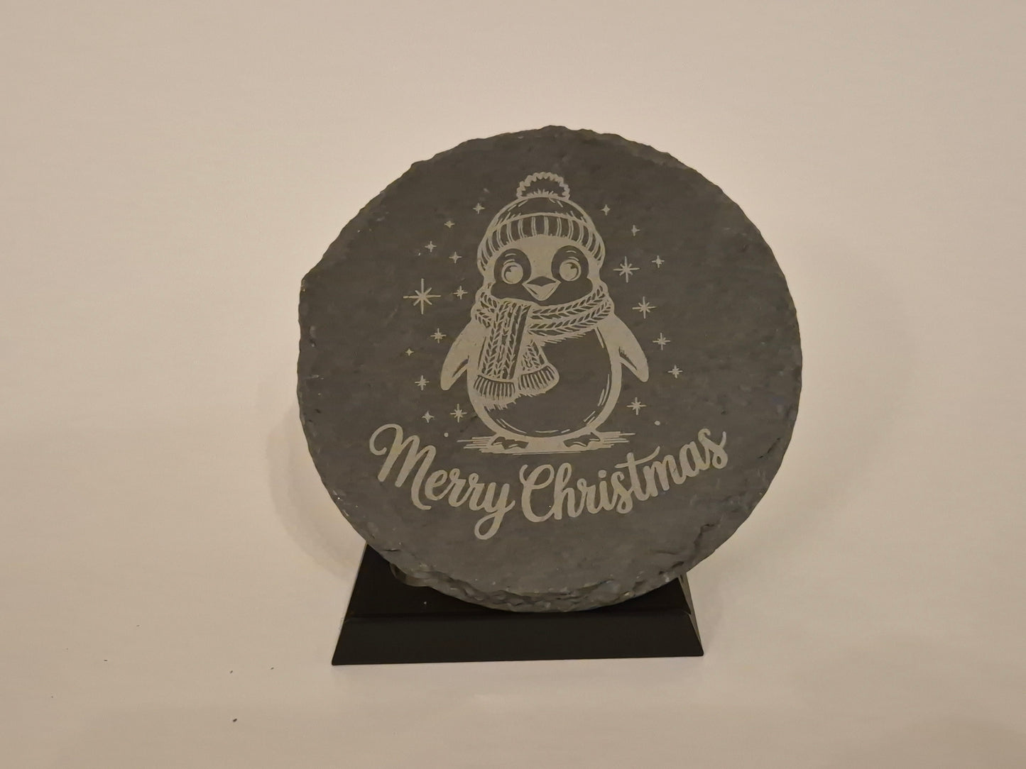 6x Schiefer-Untersetzer mit Weihnachtsmotiv – 6er Set inkl. Ständer - Christmas Slate Coaster süßer Pinguin