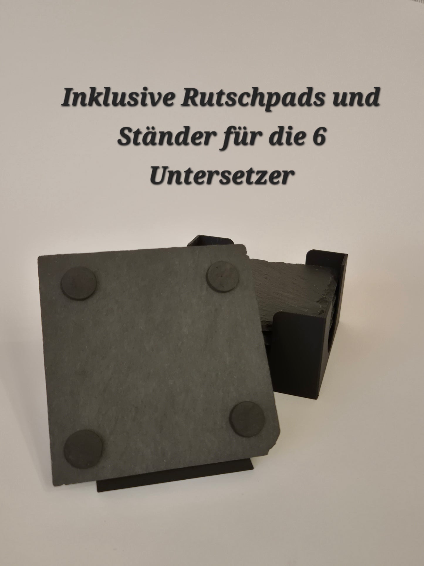 6x Schiefer-Untersetzer mit süßem Weihnachtsmotiv – 6er Set inkl. Ständer - Merry Christmas Slate Coaster - Frohes Fest Reh