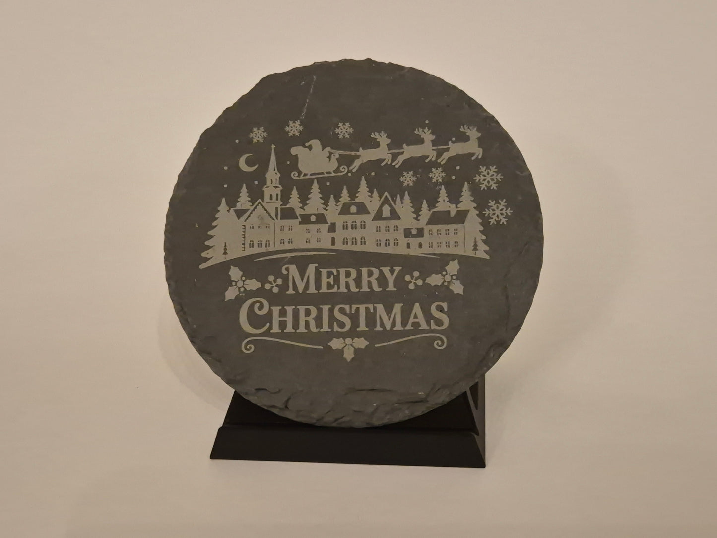 6x Schiefer-Untersetzer mit Weihnachtsmotiv – 6er Set inkl. Ständer - Merry Christmas Slate Coaster
