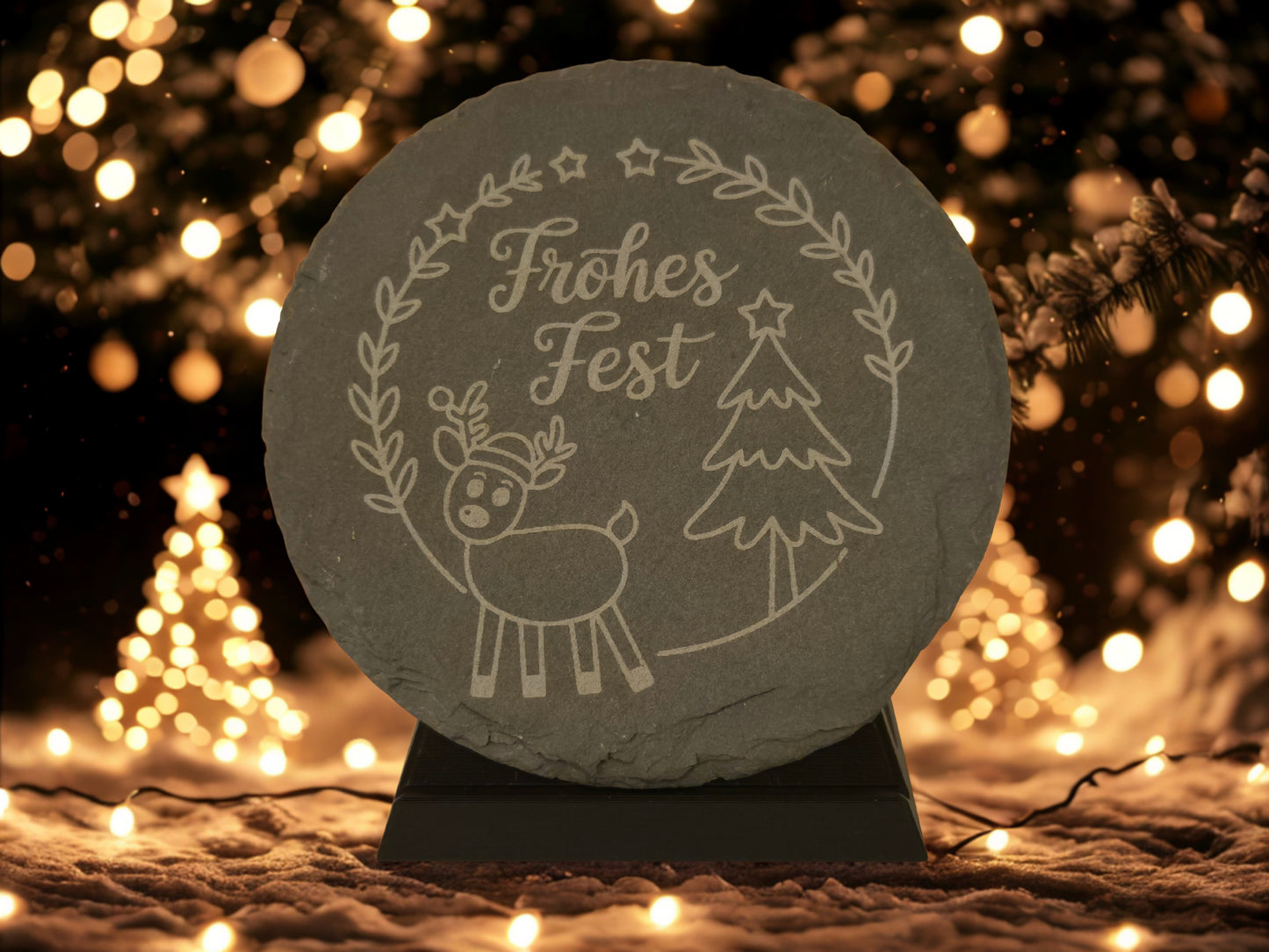 6x Schiefer-Untersetzer mit süßem Weihnachtsmotiv – 6er Set inkl. Ständer - Merry Christmas Slate Coaster - Frohes Fest Reh