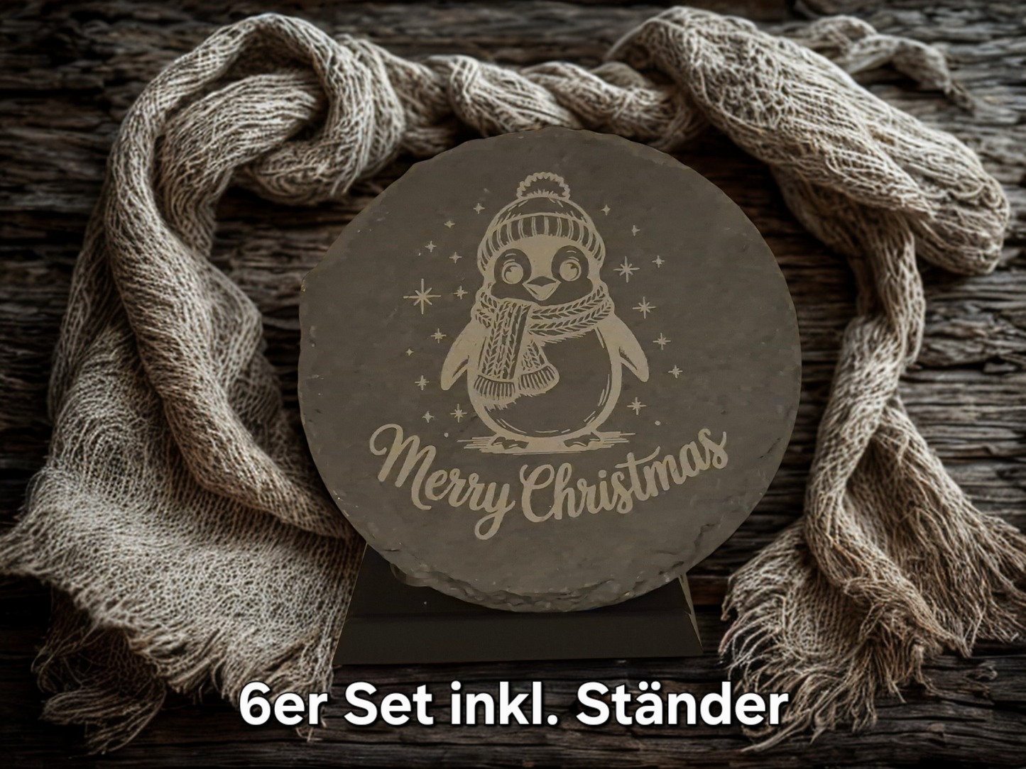 6x Schiefer-Untersetzer mit Weihnachtsmotiv – 6er Set inkl. Ständer - Christmas Slate Coaster süßer Pinguin
